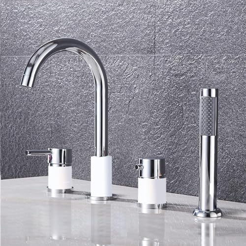 XJTNLB Rubinetto Doccia Bagno Rubinetteria Bordo Vasca 4 Fori, Miscelatore Vasca da Bagno con Doccetta Bianco+Cromo