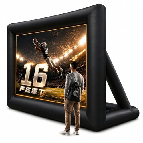 KHOMO Gear 16 ft Outdoor Projector Screen with Built-in Blower - Supports Front and Rear Projection - Includes Tie-Downs and Storage Bag - Inflatable Projector