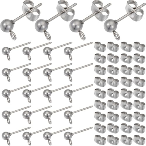 SOFPLATE 1 Scatola 100 Pezzi Orecchini A Bottone A Sfera Alla Ricerca di Perni per Orecchini Ipoallergenici Orecchini A Bottone In Acciaio Inossidabile Argento con Retro A Farfalla e Posti per Orecchi