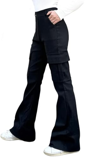 Nuofengkudu Cargo Skinny Pantalones Campana Mujer Pata de Elefante Pantalón 4 Bolsillos Elastico Bootcut Cintura Alta Elastica Flare Leggings Pantalon Anchos Y2K Gotica Negro M