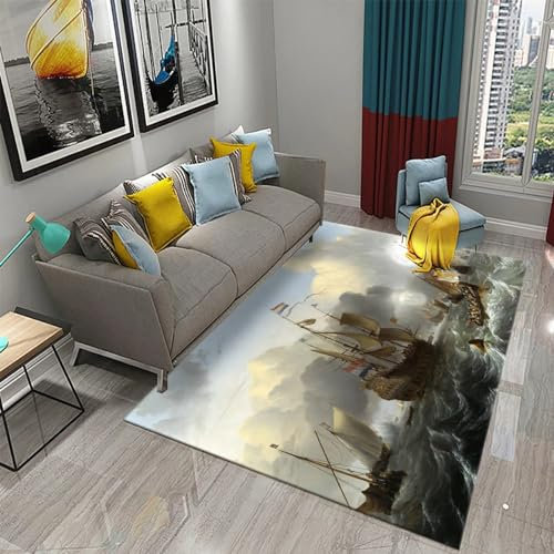 3D Modern Ölgemälde Segelboot Sonnenuntergang Meereslandschaft Landschaft Kinder Jungen Teppich Schlafzimmer Dekorativ Kinderzimmer Wohnzimmer Matten Krabbelmatte Weichem Flanell Kinderteppiche 8-6D3
