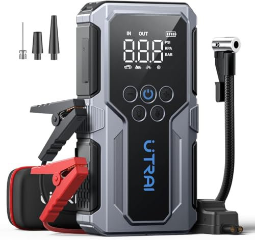 UTRAI Booster Batterie Voiture 5000A, Demarreur Batterie Voiture avec Gonfleur, Jump Starter Voiture avec Charge Rapide de 18W, Un éclairage LED et Un écran LCD, Convient 8.5L Gas/6.5L Diesel