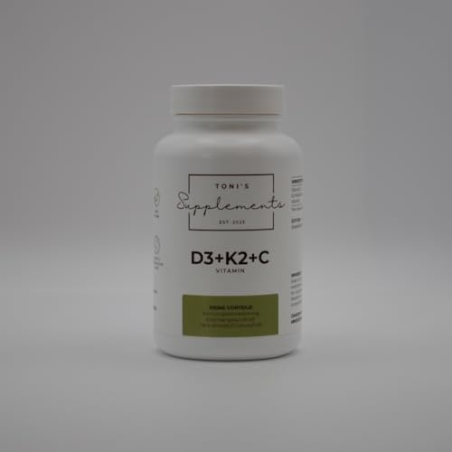 Toni's Supplements Vitamin D3+K2+C – 120 Kapseln – 3-in-1 Komplex – vegan & ohne Zusatzstoffe – Laborgeprüft & hergestellt in Österreich – Für Immunsystem, Knochen & Herz