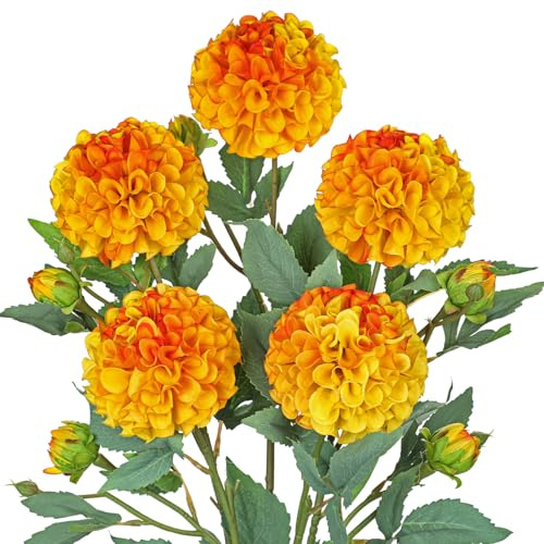 Hollyone 5 unidades de dalias artificiales de color naranja, ramas con brotes, arreglo de flores de dalia, tallo largo, flores falsas, flores de seda para jarrón, decoración de mesa, boda, decoración