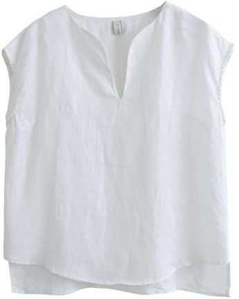 Amazhiyu Women's 100% Linen Cap Sleeve Blouse Summer Basic V Neck Top Casual White,Small