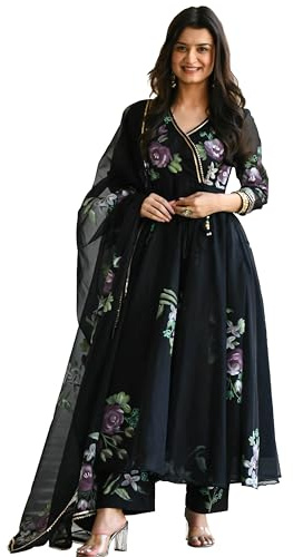 Sugathari Georgette Anarkali Kurta à imprimé floral avec pantalon et dupatta pour femme (robe 113), Noir, XL