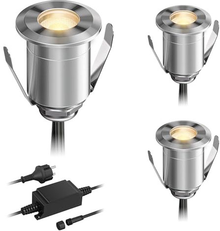 ledscom.de Lámpara LED empotrable en el suelo BINO para exteriores, IP67, 32mm Ø, blanco cálido, juego de 3