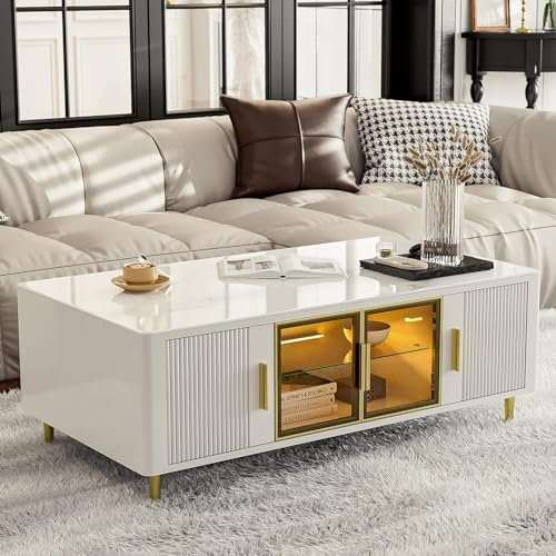 LED Coffee Table with Glass Doors and 16 Colors LED Lights, Black Rectangle End Table with White Slate Desk for Living Room Bedroom