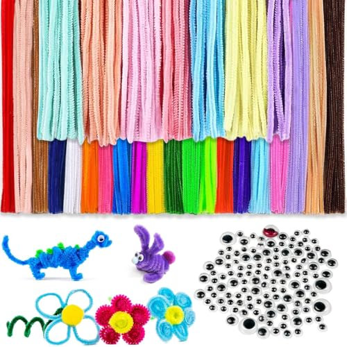 Rietegio 400 Stück Pfeifenreiniger zum Basteln, 27 Farben Chenilledraht, 100 selbstklebende Wackelaugen, Pfeifenputzer 30 cm x 6 mm, DIY Bastelset für Kinder, Kreativprojekte, Handwerk Dekoration