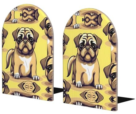 Lustige Buchstützen aus Holz, Motiv: Mops, Welpe, Hund, Buchstützen für Regale, robuste Buchstützen, 1 Paar für Büro, Zuhause