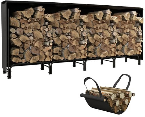 Outsunny Abri bûches, range-bûches, avec sac de transport en toile, housse en Oxford 600D, transport de 10 L de bûches, pour extérieure, charge 200 kg, 240l x 36P x 99H cm, métal, noir