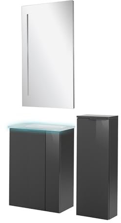 FACKELMANN Luna Gäste-WC Set 5-teilig – Badezimmer-Set mit Waschbeckenunterschrank, Glas-Waschbecken mit Beleuchtung, Midischrank & LED-Spiegel – Anthrazit Hochglanz, 45 cm, Made in Germany