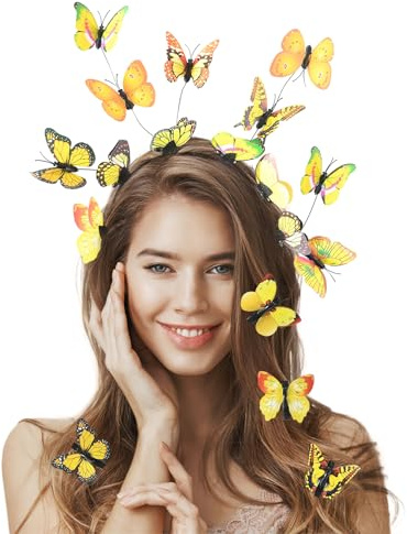 Schmetterling Haarreif + 8PCS Schmetterling Haarspange, Schmetterlings Fascinator Stirnbänder, Schmetterling Stirnband für Damen Mädchen Halloween Karneval Cosplay Kostüm, Gelb