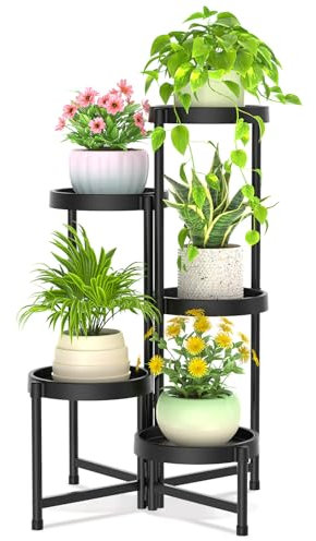 iDavosic.ly Pflanzenständer Metall Kunststoffe mit 5 Ebenen, Blumenständer Plant Stand Indoor Outdoor, Pflanzenregal Blumenregal Mehrstöckig für Draußen Balkon Wohnzimmer Terrasse, (Schwarz)