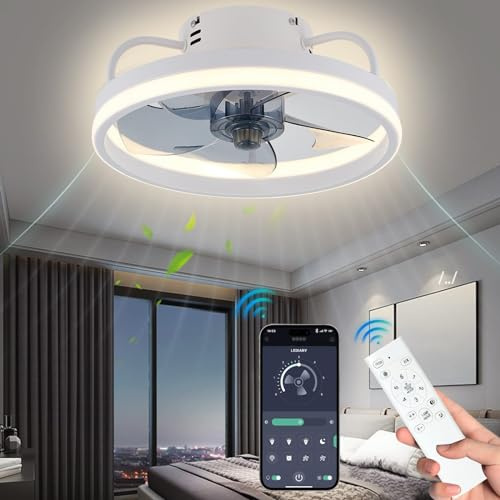 Eznaobo Ventilateurs de plafond 33/50 cm avec éclairage et télécommande, 6 vitesses, variateur d'intensité, application intelligente, éclairage silencieux et moderne pour salon,chambre (Blanc, 50cm)