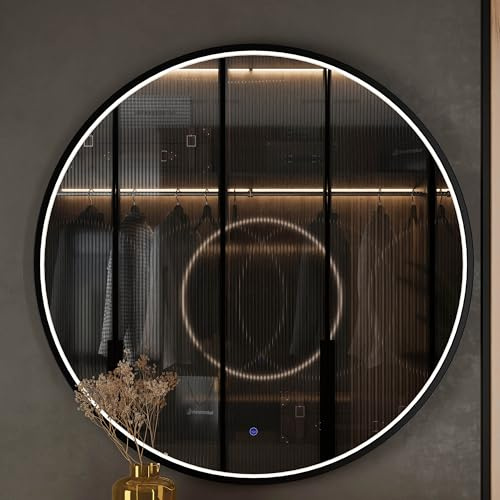 Planetmöbel VELUNA Spiegel mit Beleuchtung rund | Spiegel mit LED-Licht, Dekorativer Wandspiegel mit Alu-Rahmen, Dimm-Funktion, 3000-6500k, 3 Lichtstufen, 100 x 100 cm