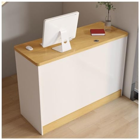 HOFUNTRE Bürotheke，Empfangstheke Mit Schubladen，Rezeptionstheke Tisch，Vergrößerter Desktop, Komfortables Büroerlebnis, Stabile Tragfähigkeit, Sicher Und Praktisch(White Gold Wood,100cm/39.4in)