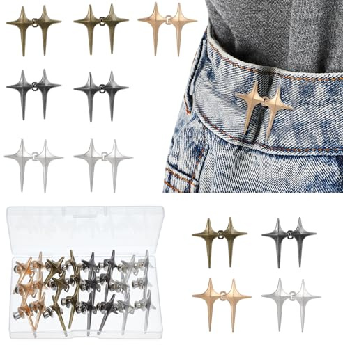 12 Sets Adjustable Pants Waist Tightener, Decorative Star Button Waist Tightener Clips for Pants Women, Button Pins for Jeans, Loose Pant, Skirts, Sleeves Fit (No Sew)