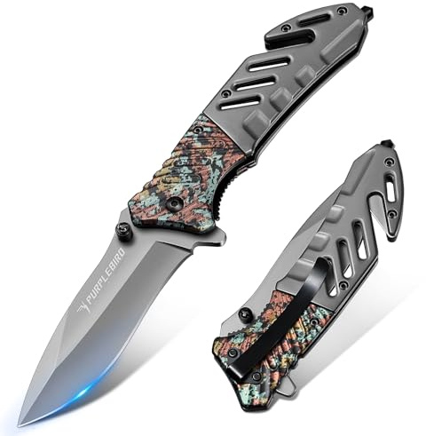 PURPLEBIRD Klappmesser Edelstahl Gurtschneider Glasbrecher Blumen | Carbonfaser-Griff, Sicherheitsverriegelung, Taschenclip. Kompakt & scharf. Für Outdoor, EDC & Männergeschenk.