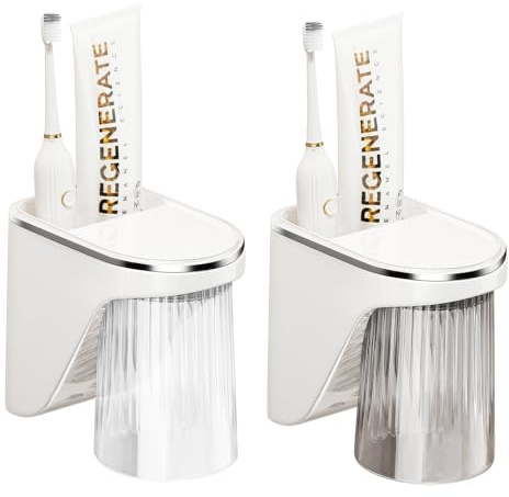 2 Stück Zahnbürstenhalter Wand, Zahnputzbecherhalter Ohne Bohren Mit Magnetischem Bechern & Aufbewahrungsbox, Zahnbürstenhalter Wand Zahnputzbecher Kinder, Toothbrush Holder für Familien Bathroom