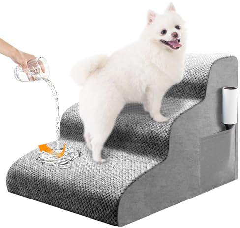 Hundetreppe 3 Stufen 40 cm Hoch, Rutschfestem Katzentreppe für Alte Katzen Kleine Hunde aus 30D Hochdichtem Schaum, Abnehmbarem Waschbarem, Tragbar Hunderampe für Sofa Bett Auto