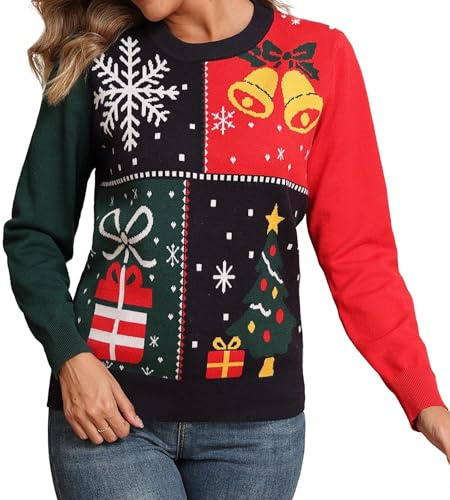 QIXING Pull de Noël pour femme, col rond, manches longues, tricot - Pull de Noël pour femme, manches longues, tricot, S