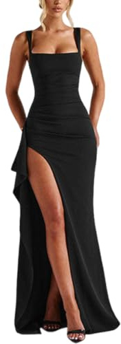 Gkaopi Women Maxi Formal Dress Sexy Sleeveless High Slit Long Dress Elegant Bodycon Square Neck Evening Dresses Ladies Slim Fit Prom Dresses for Party Cocktail Club Wedding