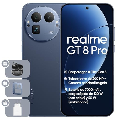 realme GT 8 Pro, IP69, 7000mAh, Carga 50W, 50MP IMX906 OIS, Pantalla 6,78 2K 144Hz, Cámara Telefoto 200MP, Snapdragon 8850, 16+512 GB, Azul, Adaptador Incluido [Clase de eficiencia energética A]