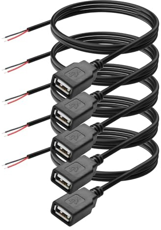 MejaRizon 5 Stück USB-A Weiblicher, 2-poliger Buchse Draht DIY Replace Repair Pigtail-Kabel, 22 AWG USB 2.0 30cm 5V / 3A Pigtail offenes Ende Stromkabel, für USB-Geräte Reparatur DIY-Kabel