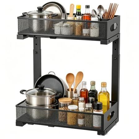 Spülschrank Organizer Ausziehbar,2 Etagen Metall Unter Waschbecken Regal mit Schublade Mehrzweck Große Kapazität Edelstahl Unterschrankregal Gewürzregal Küchenhelfer für Küche Bad Unterschrank Schwarz