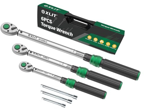 XLIT Juego de llaves dinamométricas de clic profesional, 6 piezas, 1/4, 3/8, 1/2 pulgadas, 3 extensiones, rango de medición de 1-220 Nm, ± 3% de precisión, para reparación de coches, motocicletas y