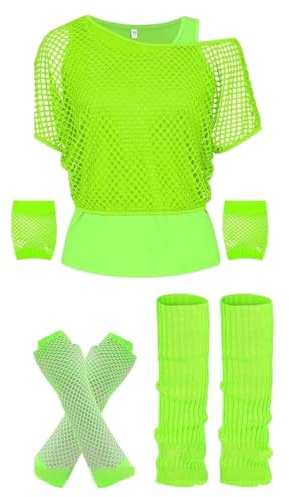 90Er Jahre Outfit Damen Netzshirt Tank top, Beinwärmer, Netzhandschuhe, 80er Jahre Netzoberteil Damen Tops Neon Shirt Kostüm Aerobic Kleidung Mottoparty Accessoires Party Karneval 001 Grün M
