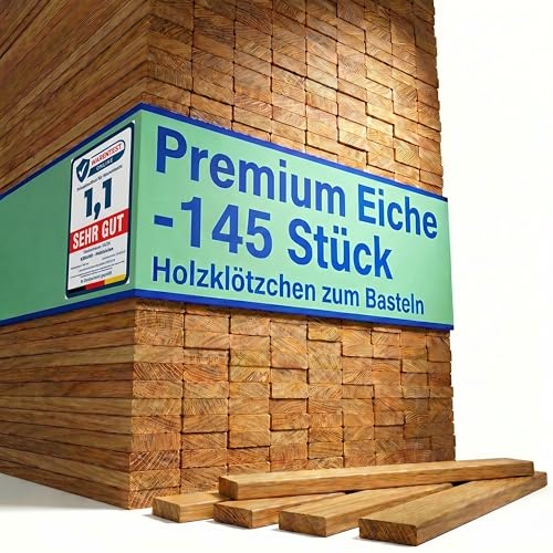 Holzklötzchen zum Basteln Eiche 145 Stück, ohne Klebeband, DIY, KERANO | Exakt gleich große Eichenklötze aus Europa, nicht verbogen, 160x22x8 mm. Ideal für Wanddeko, Fensterbank & Kinderbasteln