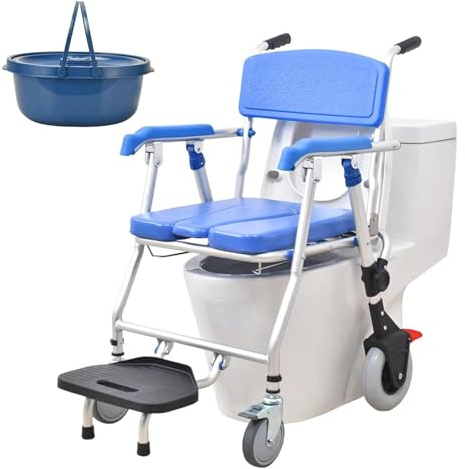 Rolling Shower Chair with Wheels | Bathroom Wheelchair & Commode Chair | Bedpan Toilet Seat for Seniors | Locking Brakes and Padded Seat