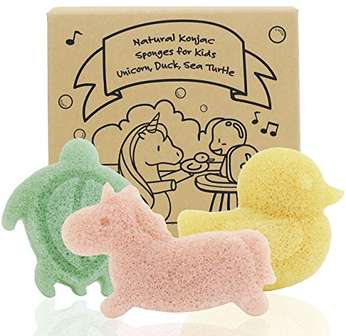myHomeBody Konjac Baby Sponge for Bathing, Cute Shapes Natural Kids Bath loofah for Infants, Toddler, Newborns, Safe Plant-Based, 3pc. Set: Unicorn, Duck, Sea Turtle