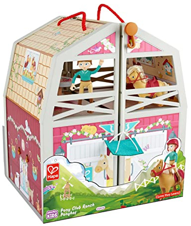 Hape Ponyhof | Reiterhof mit viel Zubehör, faltbar zum Mitnehmen, ab 3 Jahren