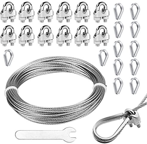 WEDNOK 26tlg Stahlseil Set M3 Edelstahl Drahtseil Kit mit 1,5mm x 10m Stahlseil Drahtseilklemme Drahtseilkauschen und Maulschlüssel für Zeltseilen Wäscheleinen Seil Draht StahlKabel