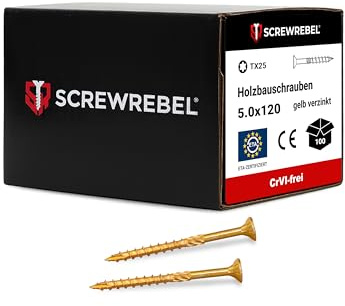 Holzbauschraube 5x120 mm - 100 Stück, gelb verzinkt, TX 25, Cut-Spitze, Reibteil, ETA | SCREW REBEL