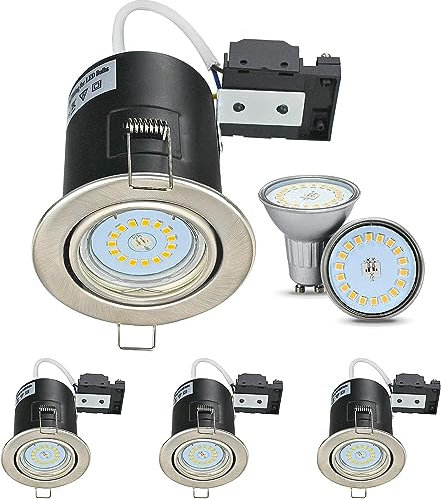Unikcst 4X Dimmable LED Downlights Fire Rated GU10 Recessed Ceiling Spotlights Tilt Brushed Chrome Spot Lights Fitting 240V for Kitchen Living Room, Incl. 5W Warm White Bulbs