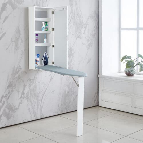 Wall Mounted Fold Out Wood Ironing Board Cabinet,Maximum Space Reduction Smart Hideaway Cabinet Ironing Hidden Wardrobe with Shelves and Hooks,For Home, Apartment White