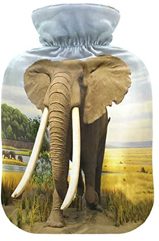 YOUJUNER Hot Water Bottle with Africa Elephant Print Cover 2 Litre Large Hot Water Bag Warm Comfort Hand Feet Warmer