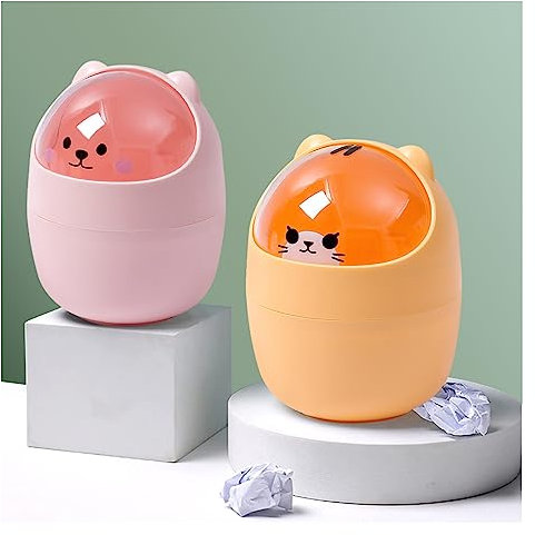 Suuwwn Cubo Con Tapa Cubo de Basura Para Escritorio,Mini Portátil Osito de Dibujos Animados Cubo de Basura de Mesa Basura de Cubo Voltear Retirable Caja de Almacenamiento Para Cosméticos Baño (B)