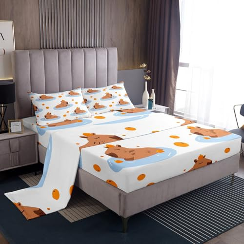 Capybara Bed Sheets Set Kawaii Sheet Set Wild Animals Flat Fitted Sheet King,Cartoon Beaver Wildlife Lovely Pet Toddler Top Sheet for Kids Child Boys Girls,Rodents Murine Animal Bedroom Decor