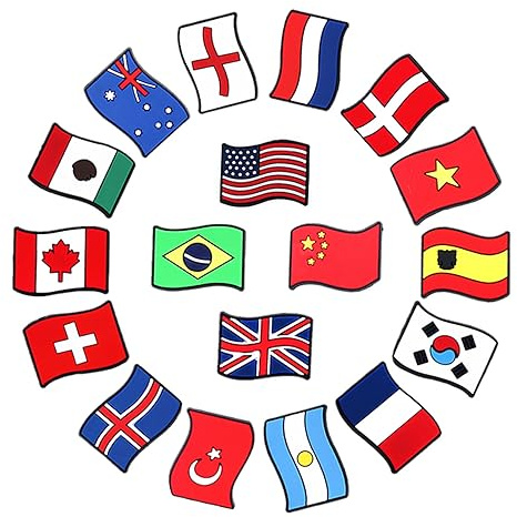 MEUAKOYA 18pcs National Flag Shoe Charms America Canada Brazil Flags Shoe Buckles Decoration Sandals Bracelet Wristband Accessories DIY X-mas Party Gift