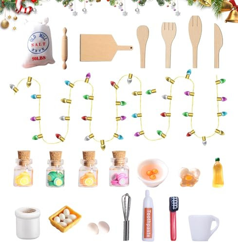 Wichtel Zubehör Weihnachten, 27pcs Miniatur Puppenhaus Zubehör Set, Backset+Waschset+Küchenzubehör+eine Schnur Weihnachtsbaumschmuck für 1/12 Puppenhaus (A)