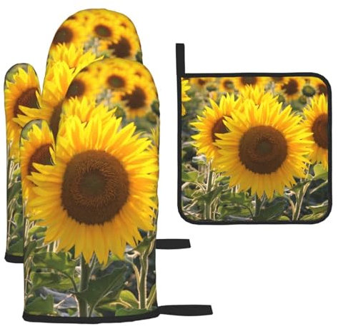 Yellow Sunflower Floral Heat-Resistant Oven Gloves And Pot Holders.With Lanyard,Waterproof And Durable. Used In Kitchen,Barbecue And Baking.