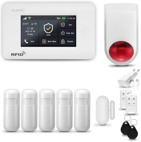 HUXGO® HXA006 Sistema di allarme casa senza fili con radio Sirena esterna WiFi + GSM | Impianto allarme casa kit con 1x sensori di allarme per finestre/portes, 5x rilevatori di movimento