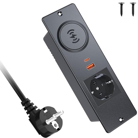 Einbausteckdose mit 15W Wireless Charger, USB-C PD 20W & Schuko, Schwarz | Kompakte 4-in-1 Lösung mit Schuko, USB-C PD 20W, USB-A 18W und 15W kabellosem Laden für Schreibtisch und Möbel.