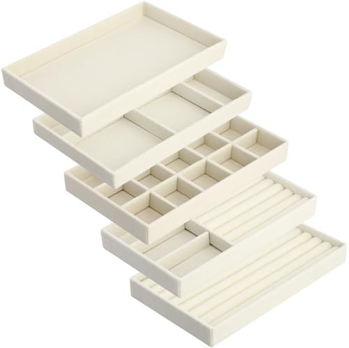QWORK® 5 Stück Schmucktablett, Schmucktablett aus Samt, Schmuck Organizers, zur Präsentation von Ohrringen, Ringen, Halsketten und Armbändern, Beige