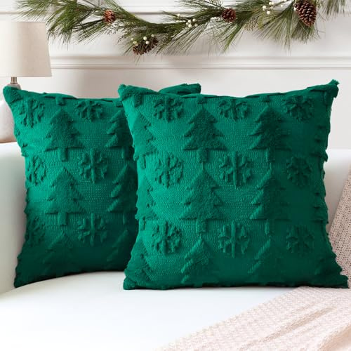 Artscope Kuddfodral för jul, 2-pack, mjuk sammetsplysch i kort ull, dekorativa, fyrkantiga, kuddöverdrag till prydnadskudde, lyxstil, för soffa, sovrum, julgran och snöflinga, grönt, 35 x 35 cm